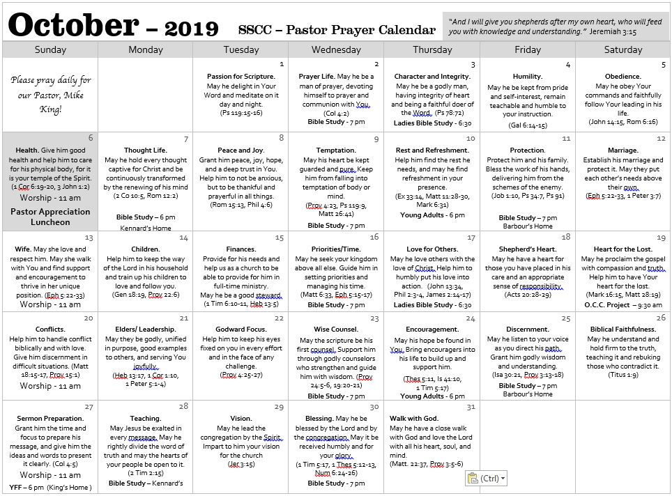 Pastor Appreciation Prayer Calendar South Strand Community Church